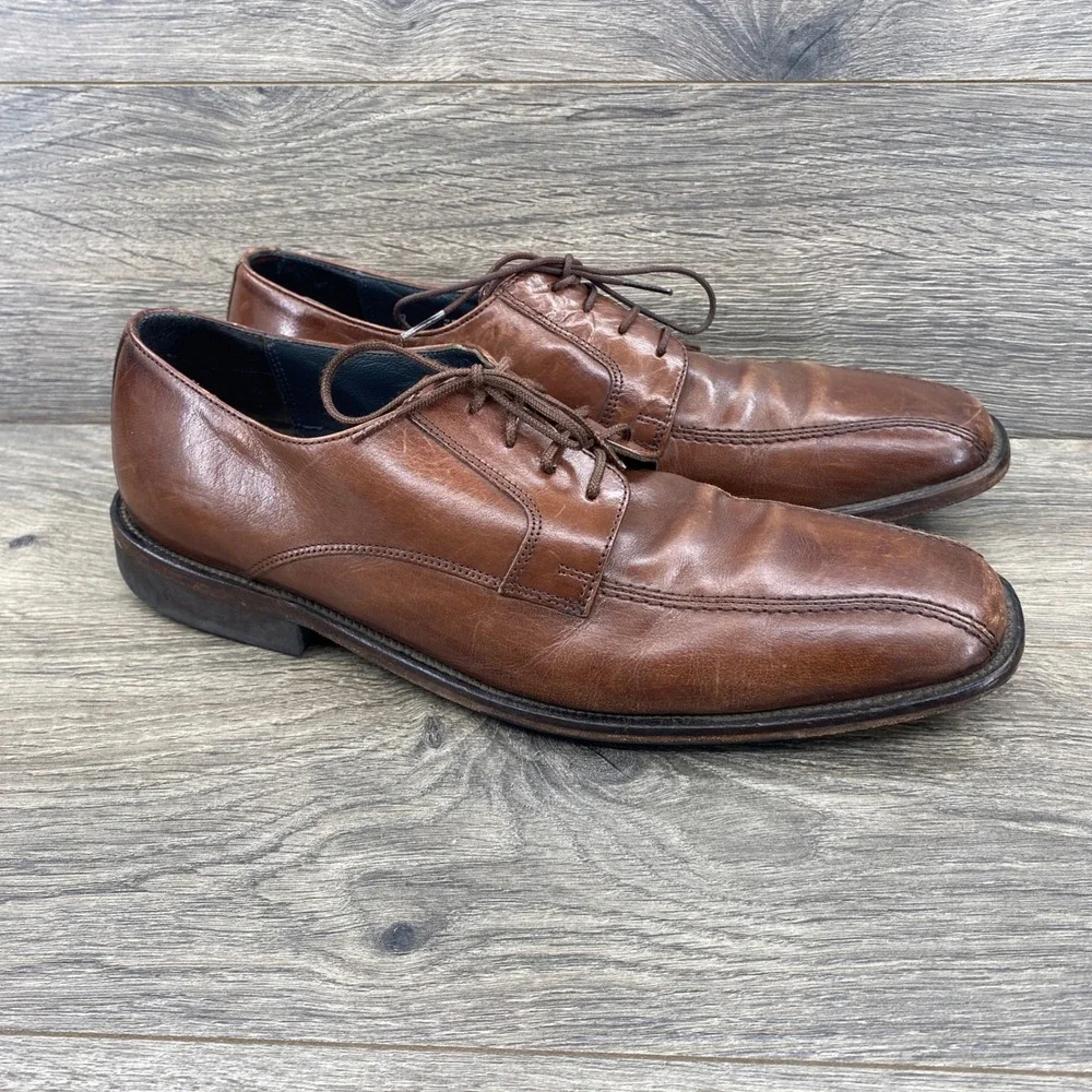 Johnston & Murphy Dress Shoes Mens 10 Brown Leather Bicycle Toe Derby D 28712
